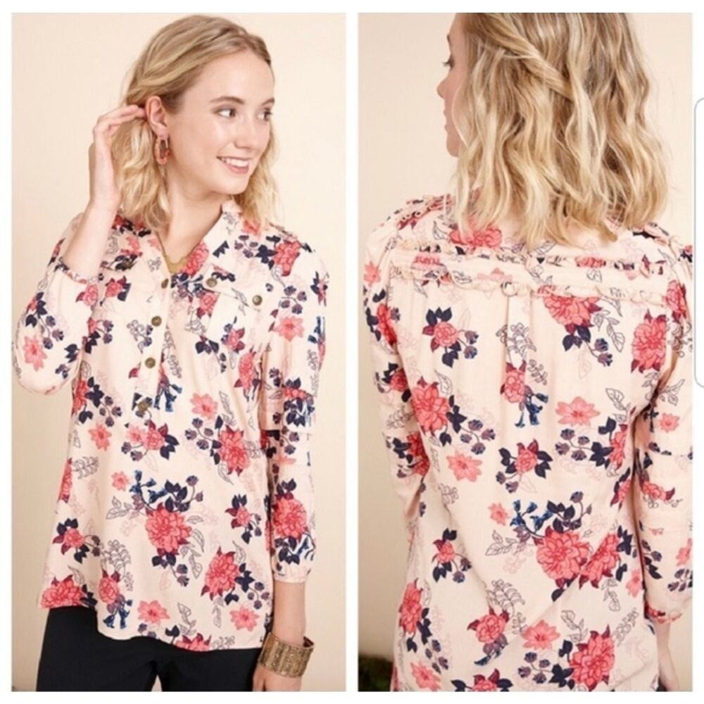 Matilda Jane Size S Top Peach Floral Ruffle Livery Millie Blouse Button Front